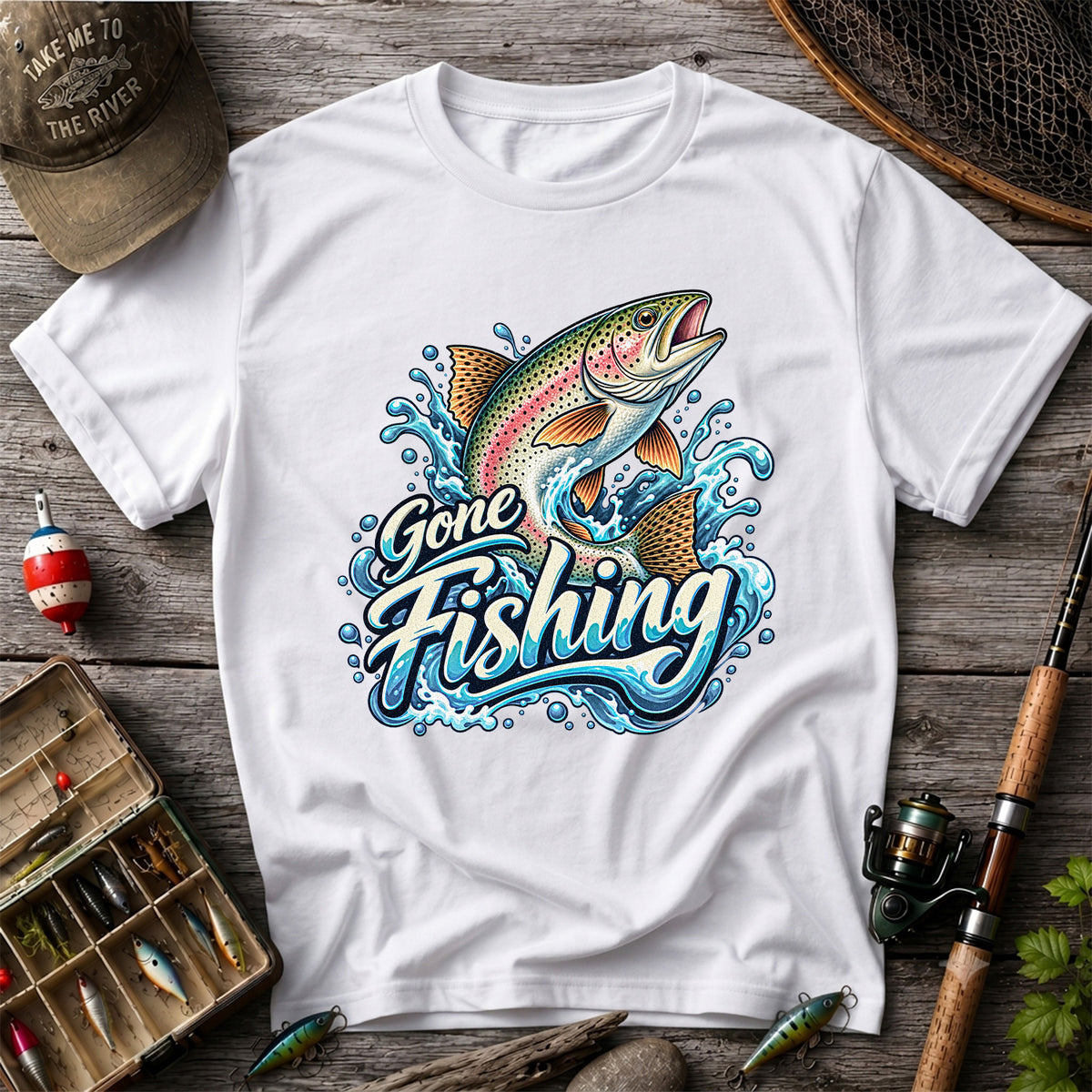 Gone Fishing Jumping Rainbow Trout Splash Graphic T-Shirt
