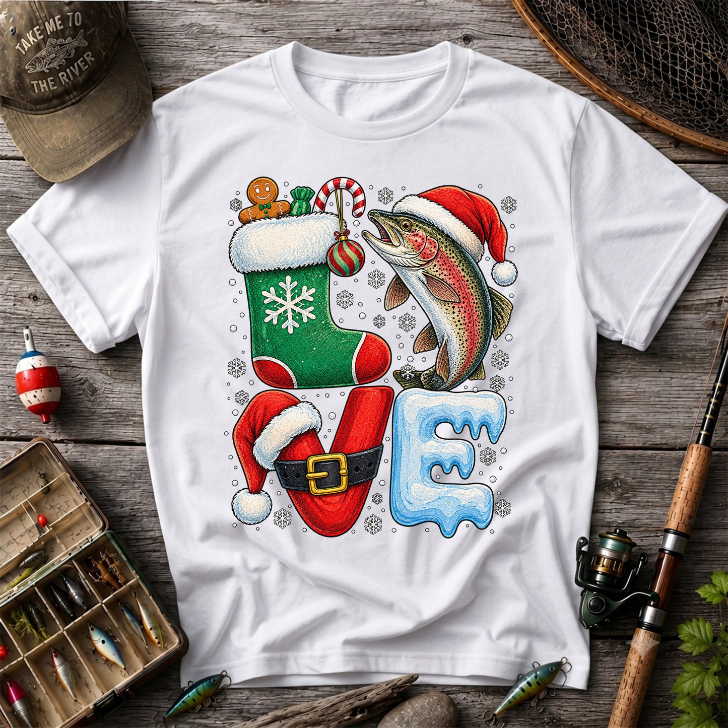 Christmas LOVE Rainbow Trout and Stocking Fishing Graphic T-Shirt