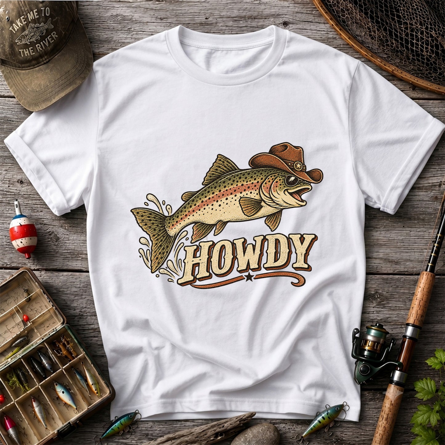 Howdy Cowboy Trout Vintage Fishing Graphic T-Shirt