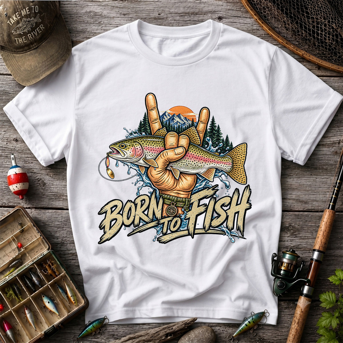 Born to Fish Rainbow Trout Rock Hand Sign Fishing T-Shirt