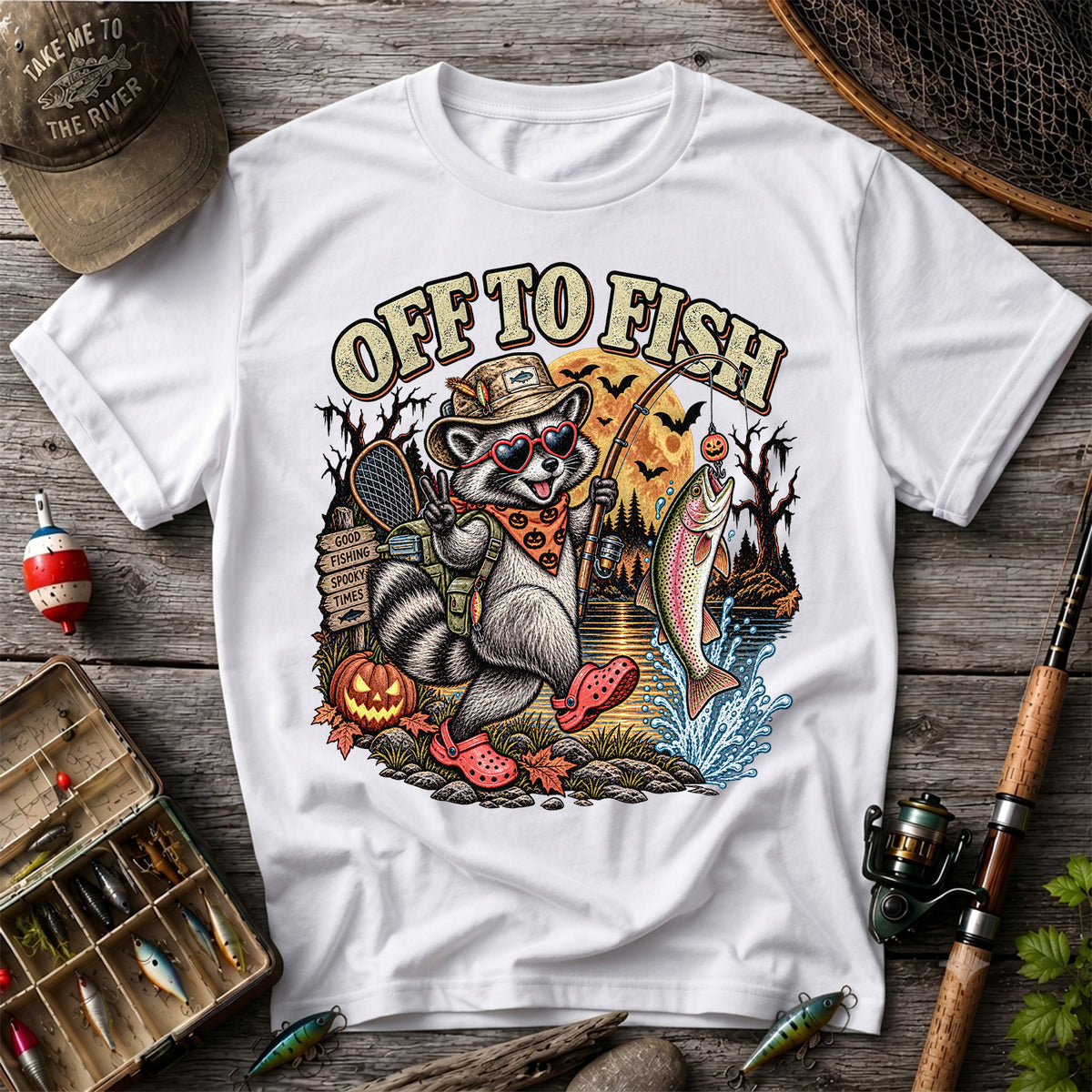 Off to Fish Raccoon and Trout Halloween T-Shirt - Good Fishing Spooky Times