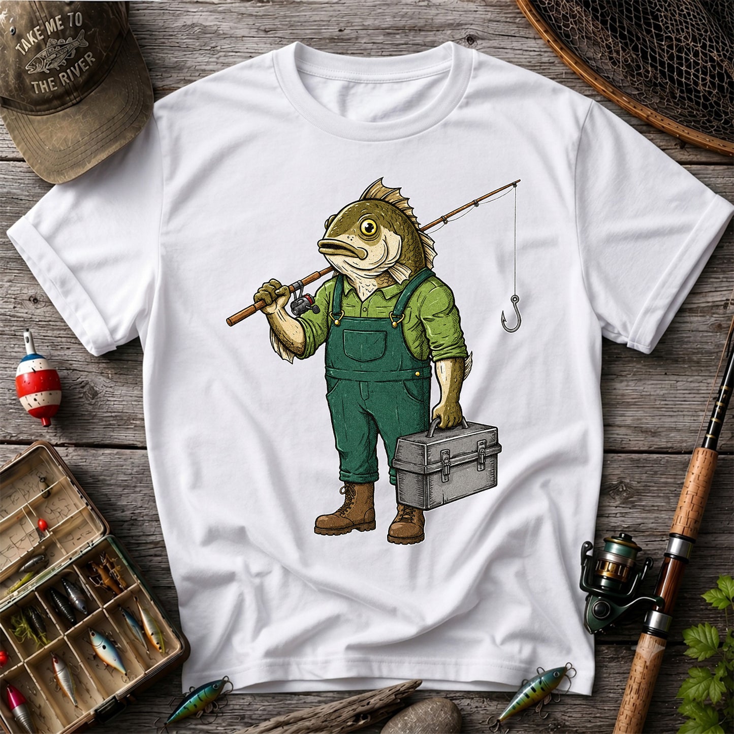 Funny Bass Fisherman Carrying Tackle Box Graphic T-Shirt