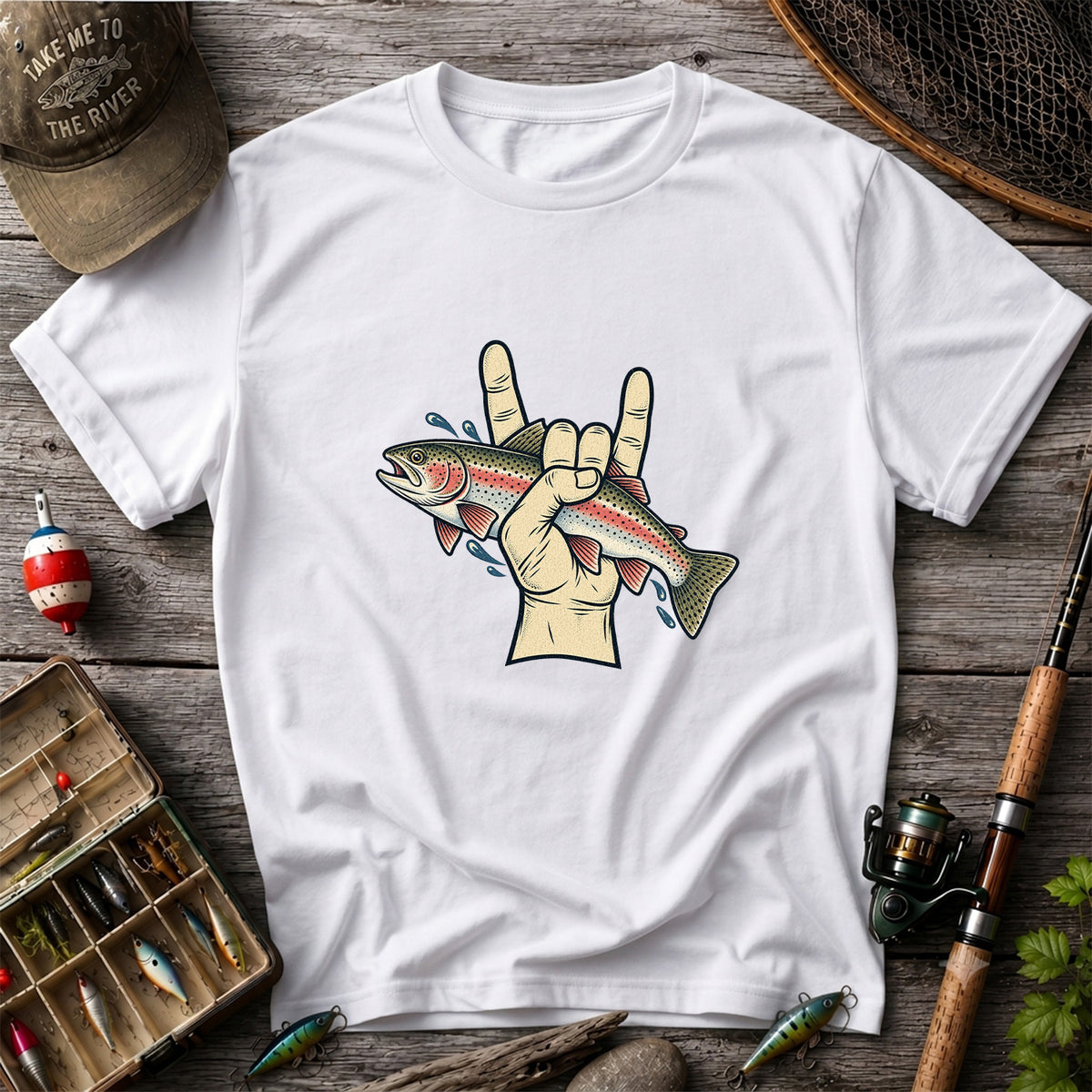 Rainbow Trout Rock On Hand Gesture Fishing Graphic T-Shirt