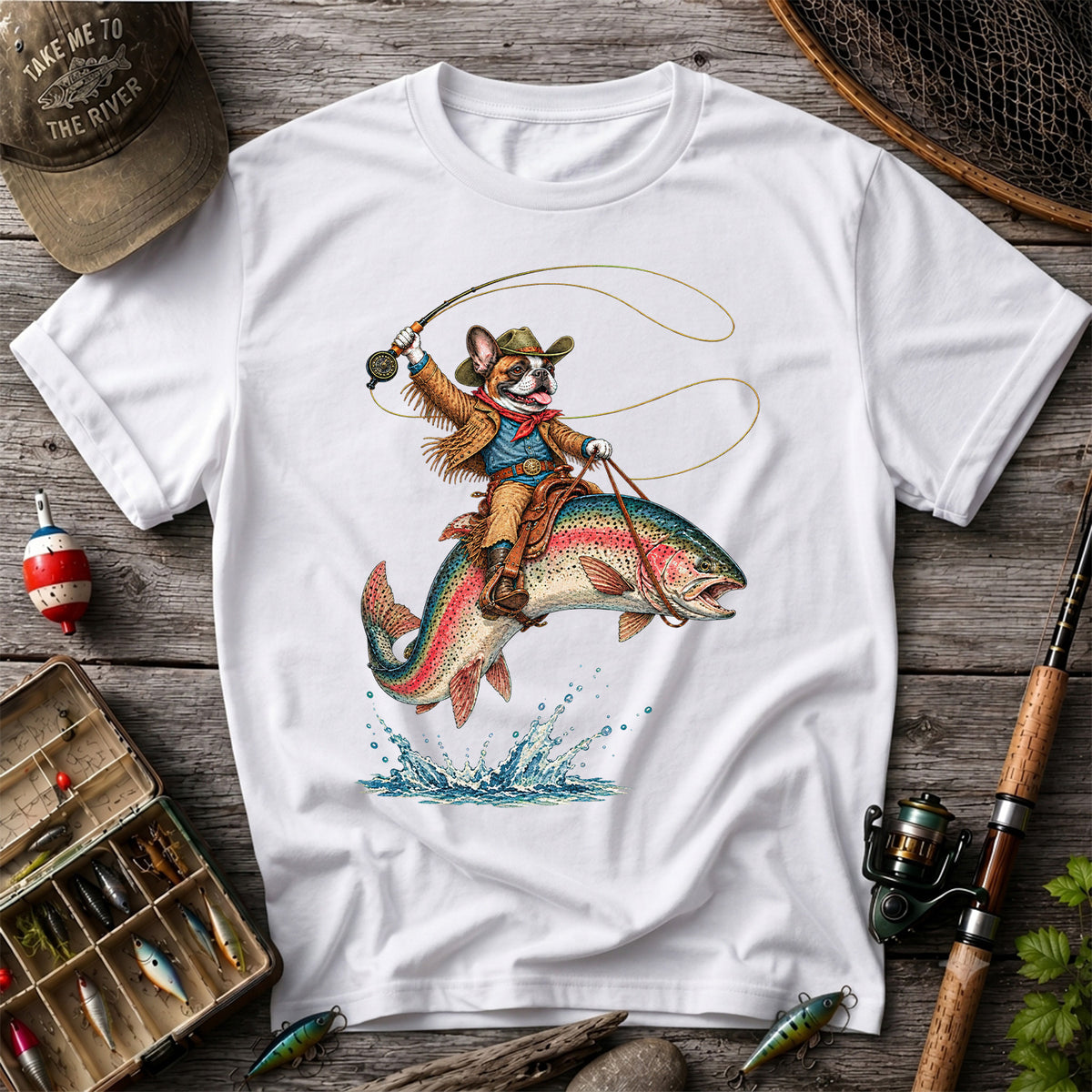 Cowboy French Bulldog Riding a Rainbow Trout Fishing T-Shirt