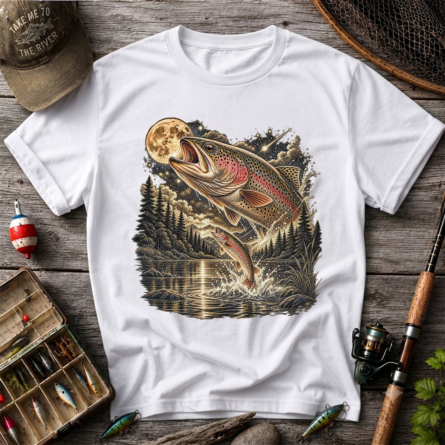 Moonlit Rainbow Trout Jumping from Mountain Lake Graphic T-Shirt