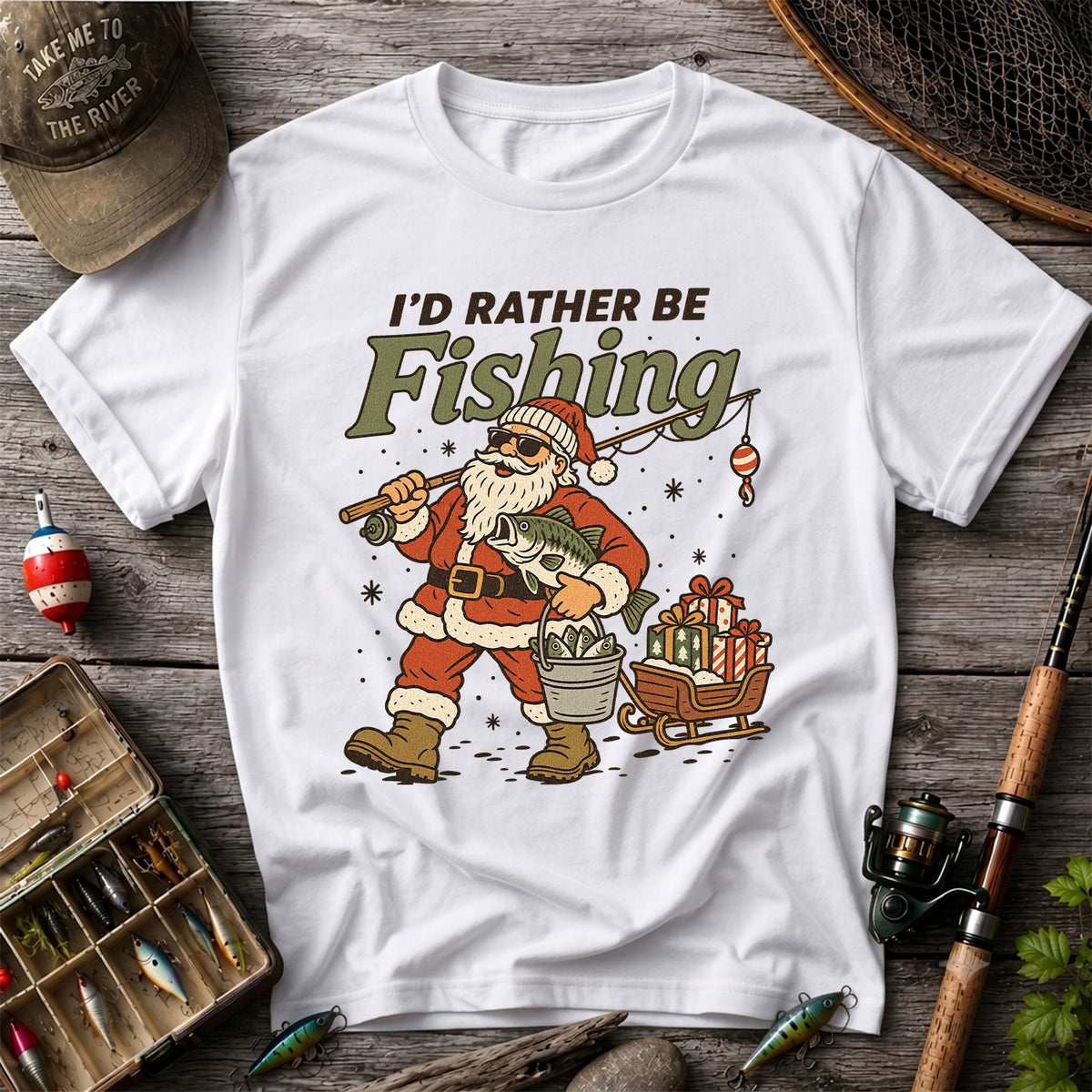 Santa Claus Fishing with Bass Christmas T-Shirt