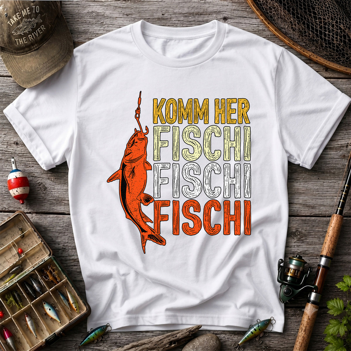 Komm Her Fischi Fischi Funny Catfish Fishing Graphic T-Shirt
