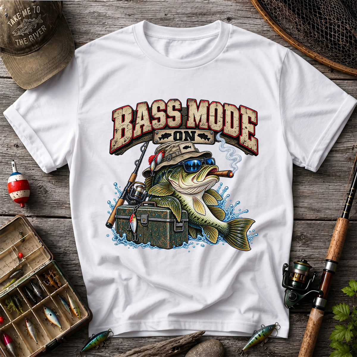 Bass Mode On Funny Bass with Cigar Fishing Graphic T-Shirt