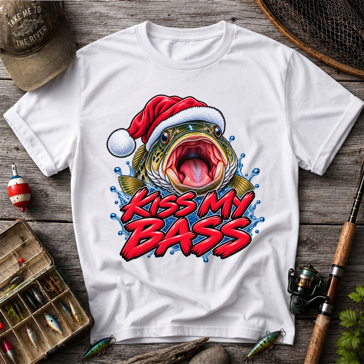 Kiss My Bass Santa Hat Funny Christmas Fishing T-Shirt