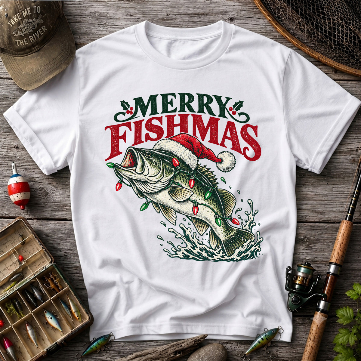 Christmas Bass Fishing Graphic T-Shirt with Santa Hat