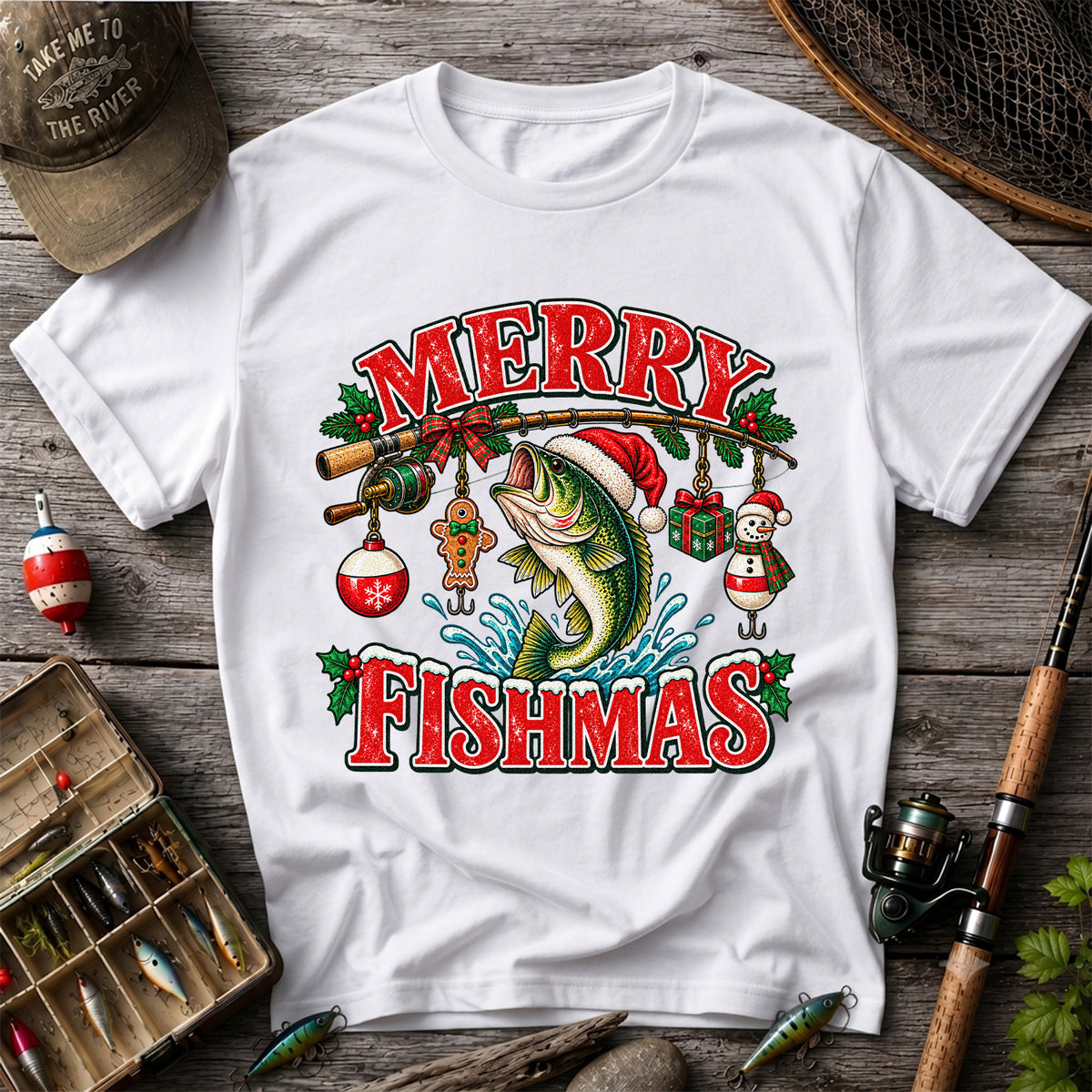Merry Fishmas Santa Bass Christmas Fishing Graphic T-Shirt
