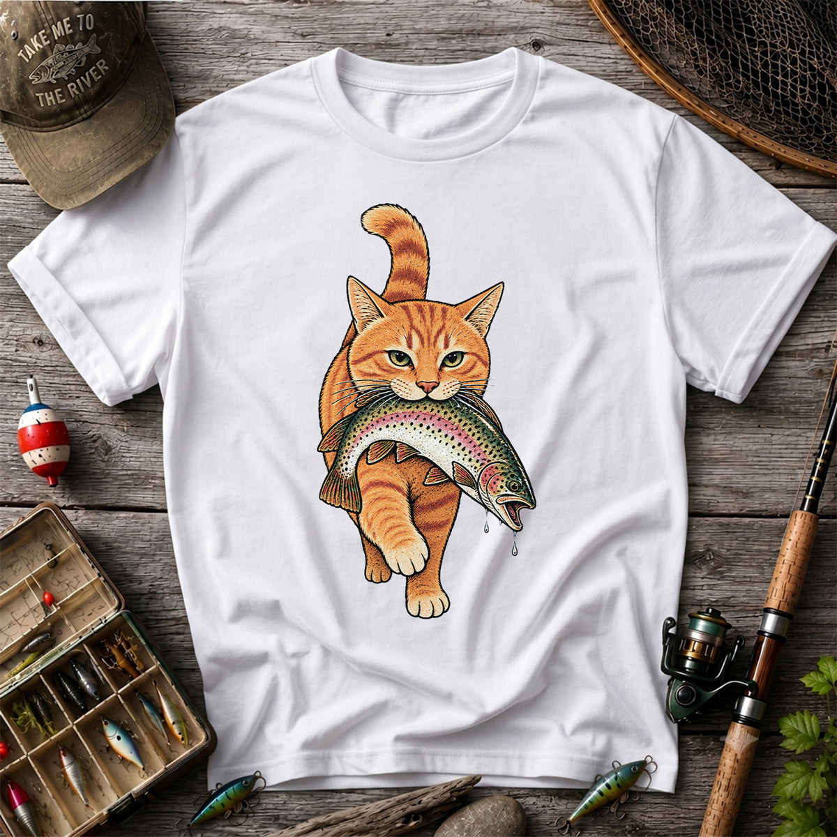 Cat Holding Trout Funny Fishing Graphic T-Shirt