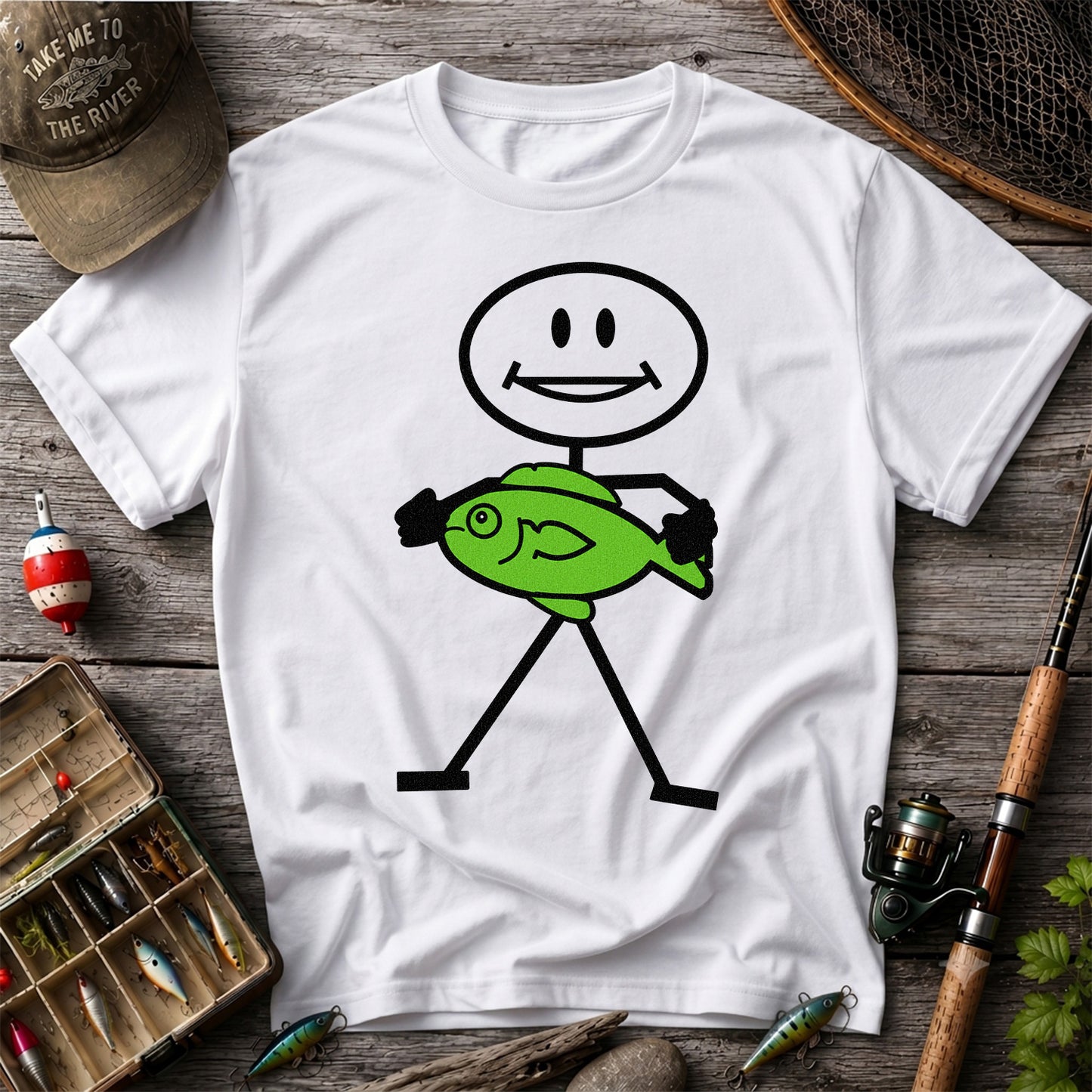 Happy Stick Figure Holding a Green Fish Graphic T-Shirt