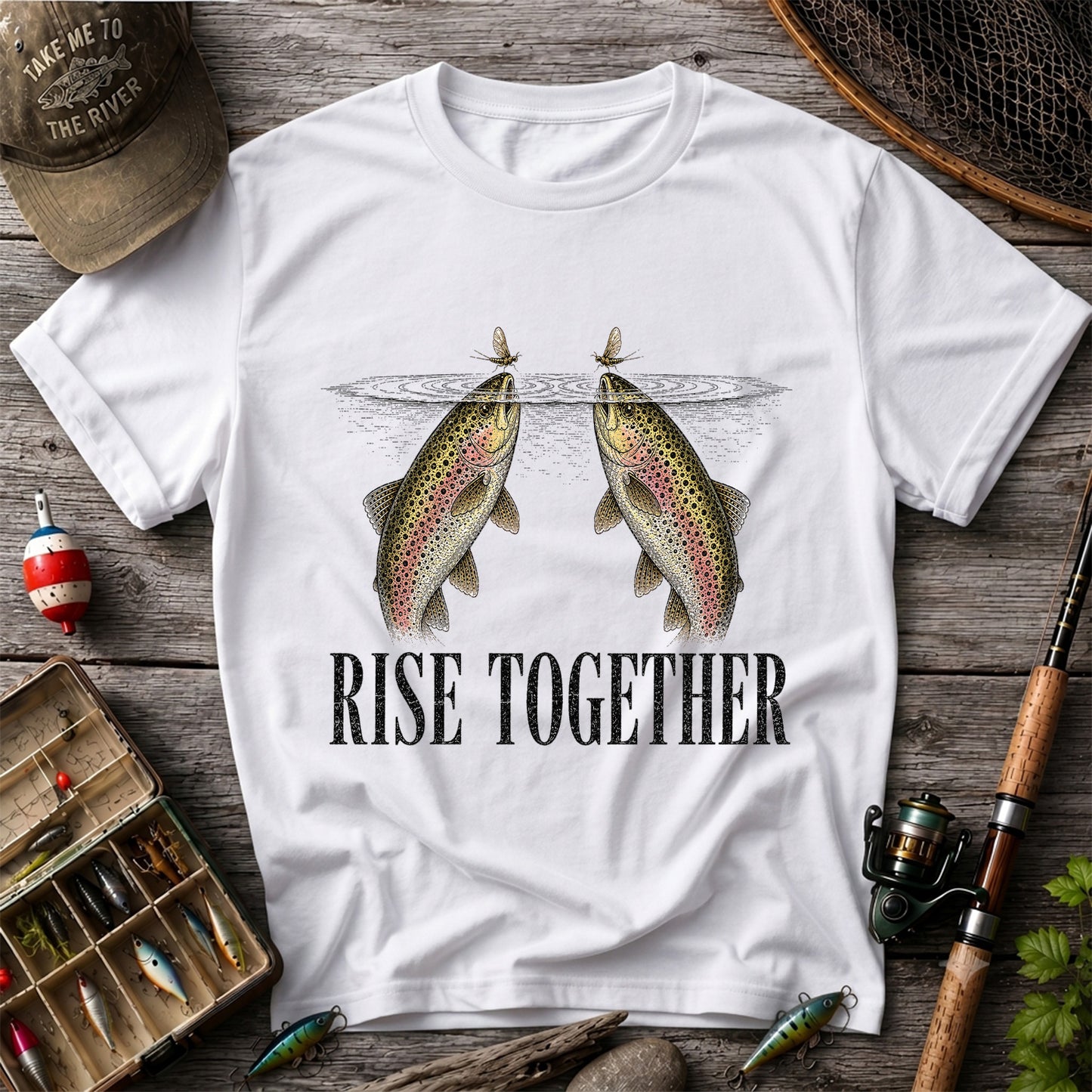 Rise Together Twin Trout and Mayfly Fishing Graphic T-Shirt