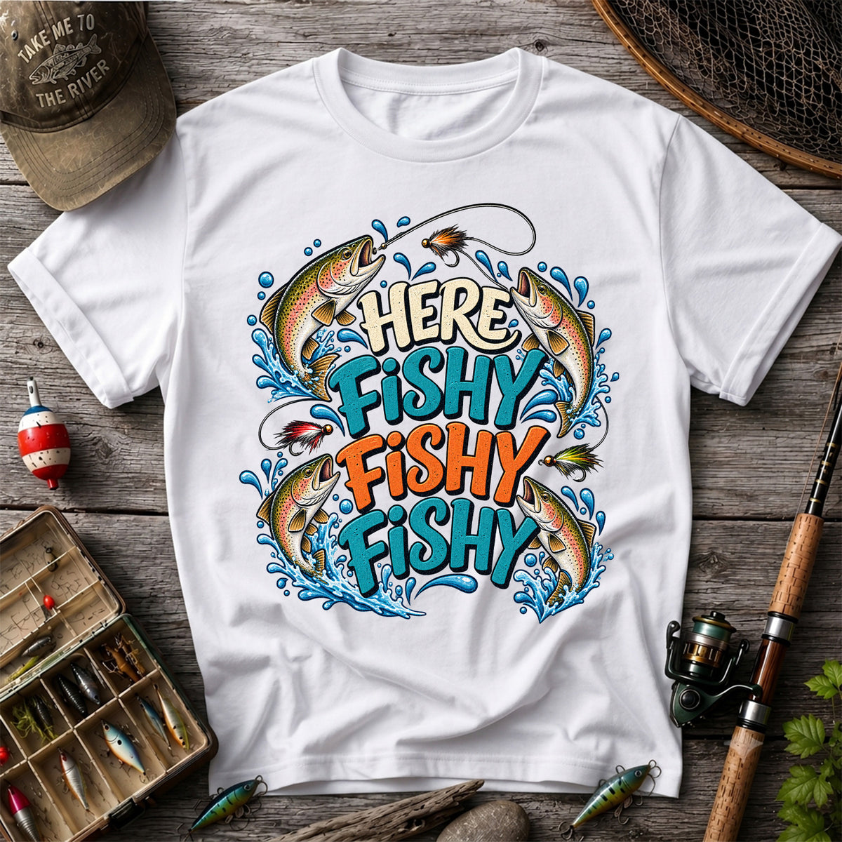Here Fishy Fishy Fishy Rainbow Trout Funny Fly Fishing T-Shirt