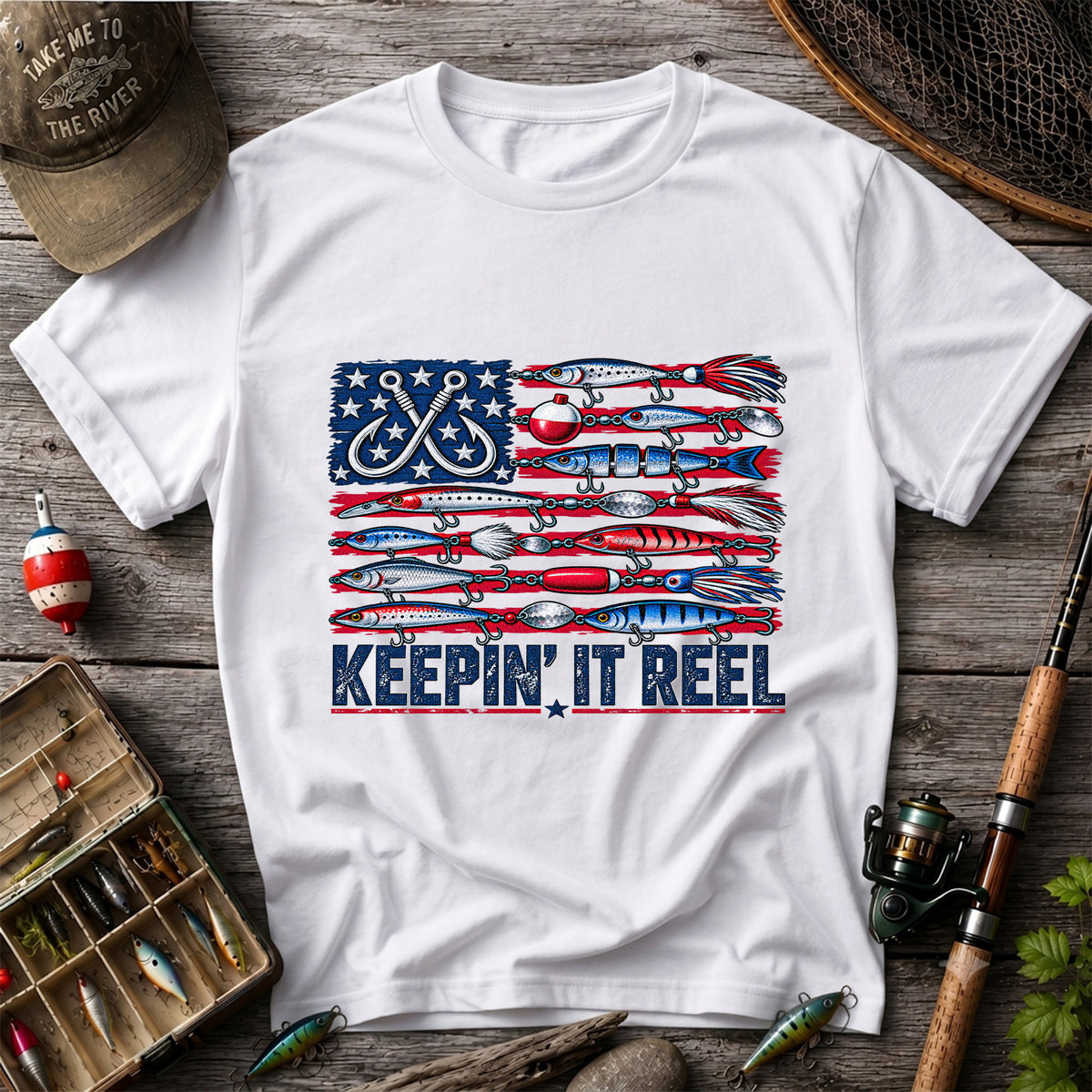 Keepin' It Reel American Flag Fishing Lures Graphic T-Shirt