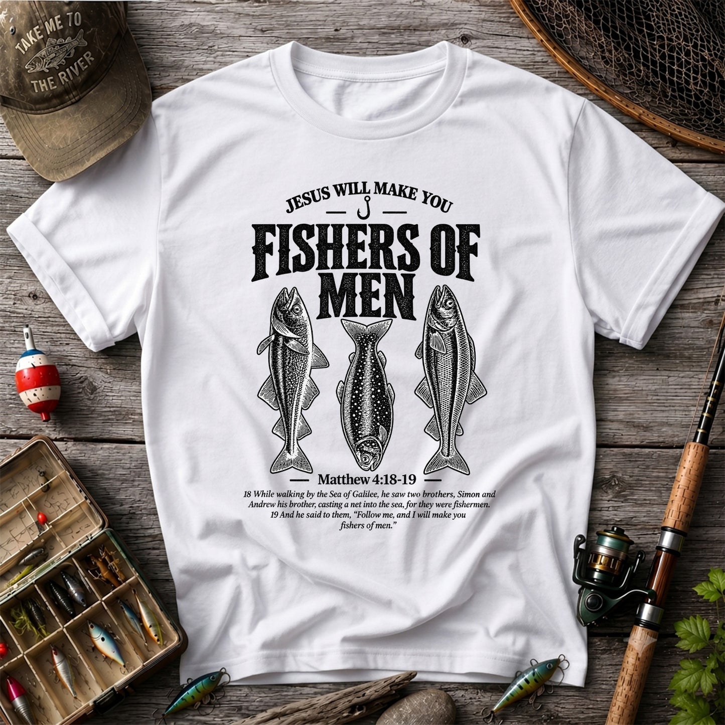 Jesus Will Make You Fishers of Men Matthew 4:18-19 Vintage Fish Graphic T-Shirt