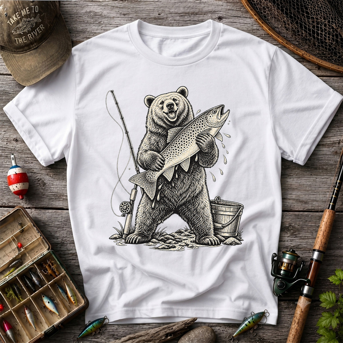 Bear Holding Trout Fishing Graphic T-Shirt