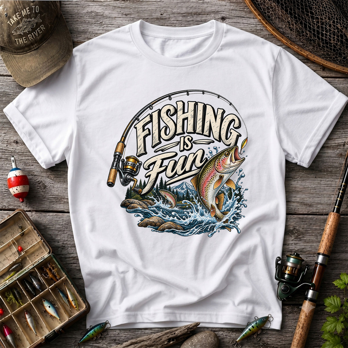 Fishing Is Fun Rainbow Trout and Mountain Graphic T-Shirt