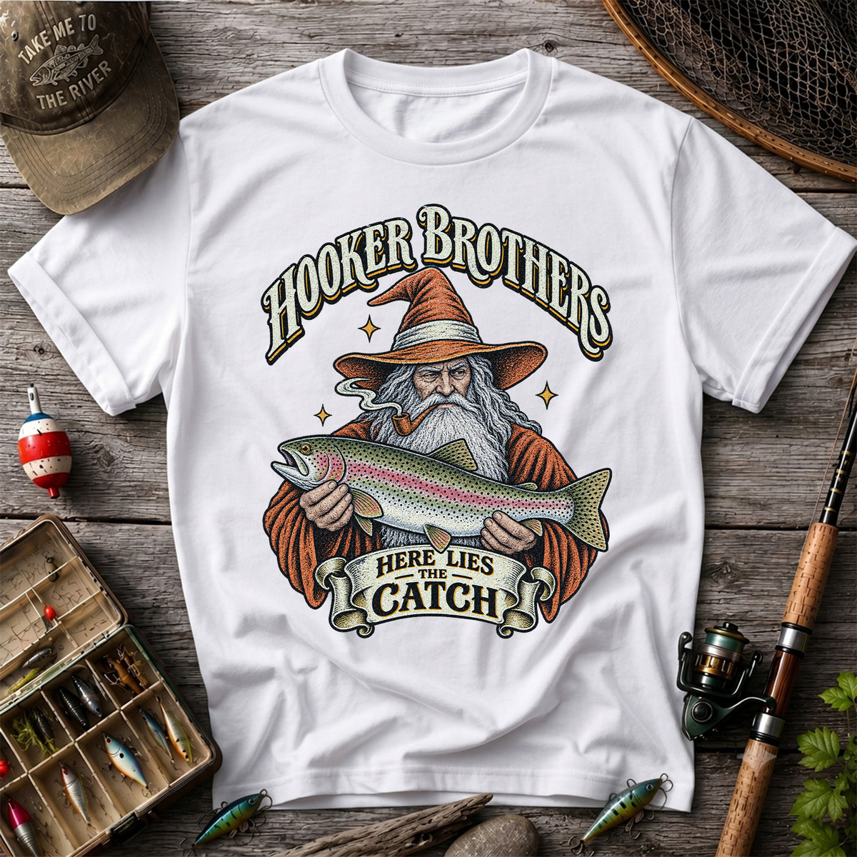 Hooker Brothers Here Lies the Catch Wizard Trout Fishing T-Shirt