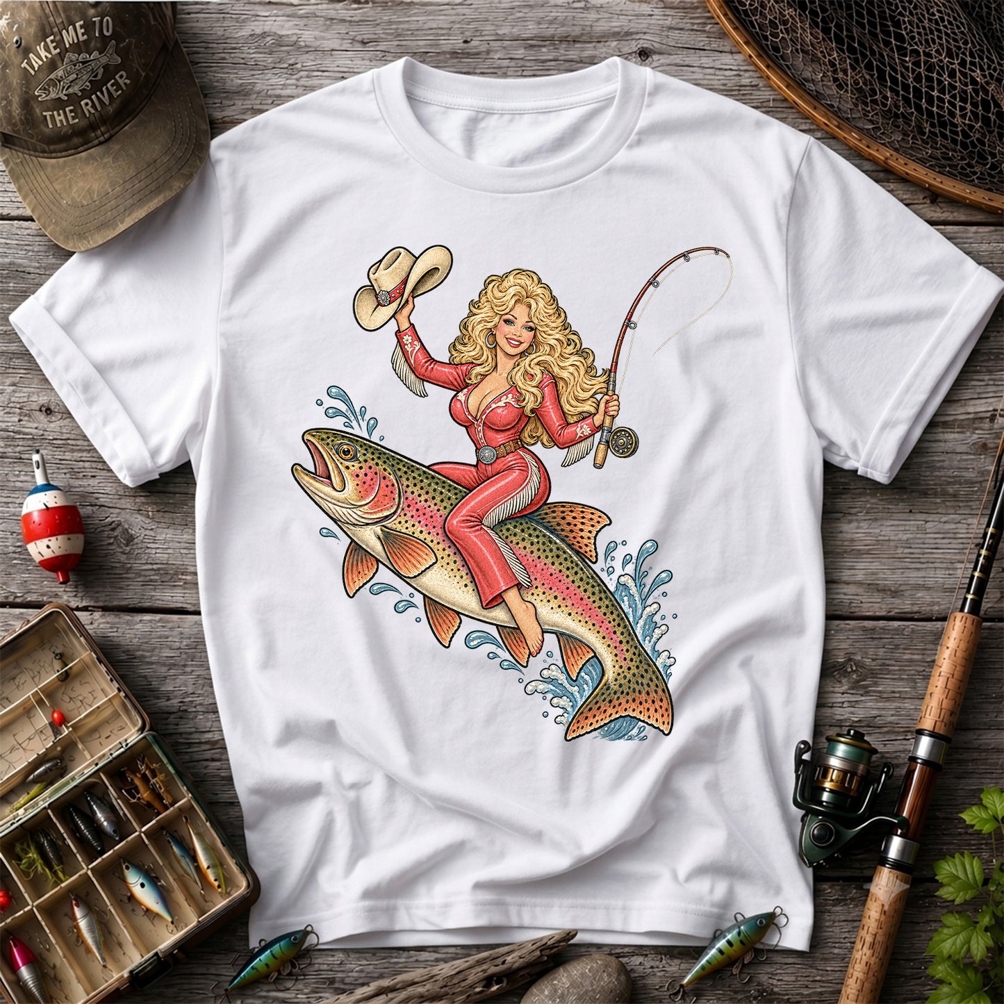 Cowgirl Riding a Rainbow Trout Western Fishing Graphic T-Shirt