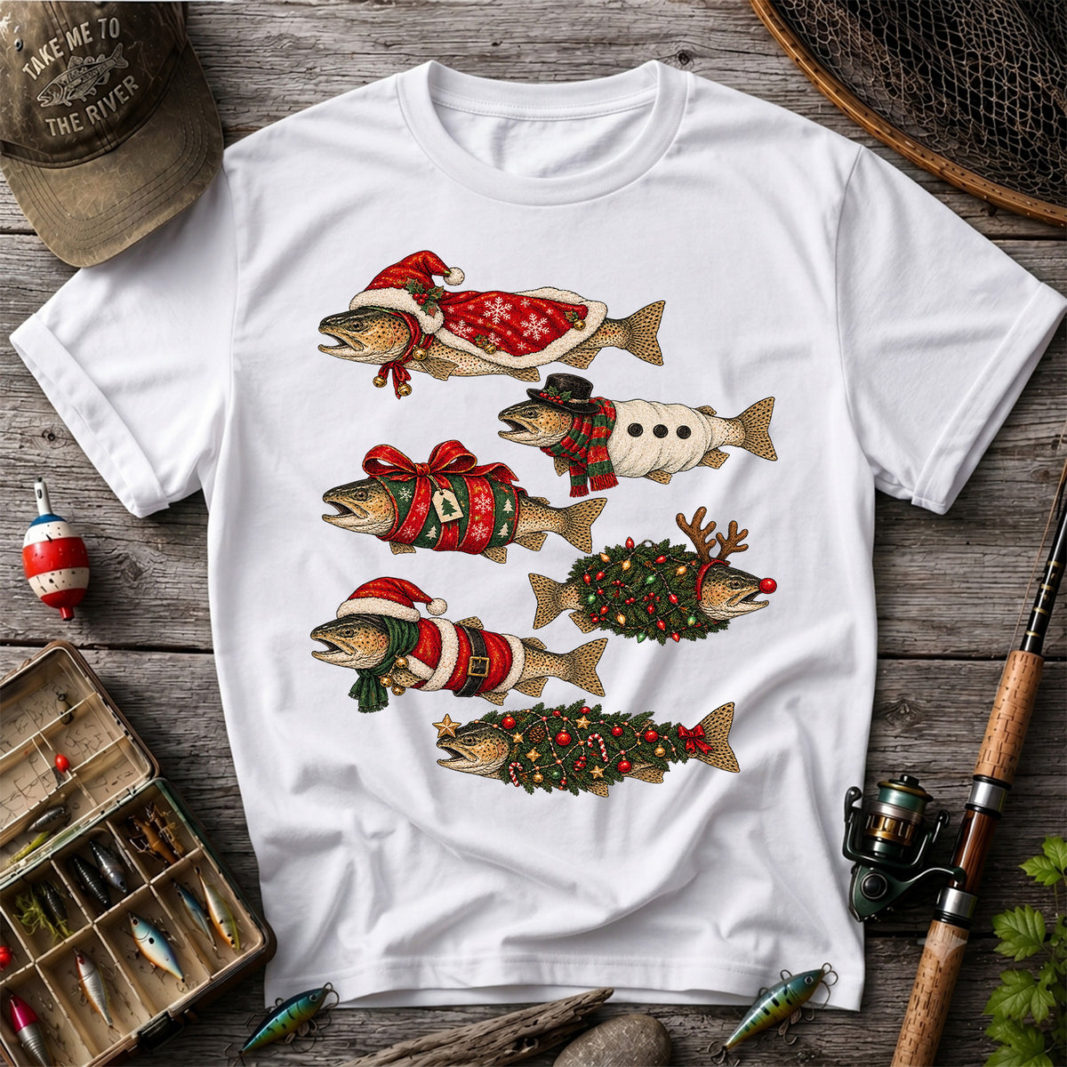 Christmas Trout in Festive Costumes Fishing Graphic T-Shirt