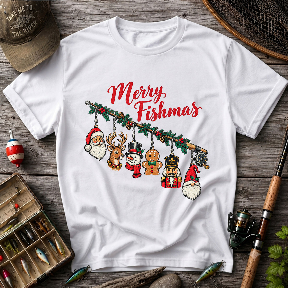 Christmas Fishing Rod Ornaments Holiday Graphic T-Shirt
