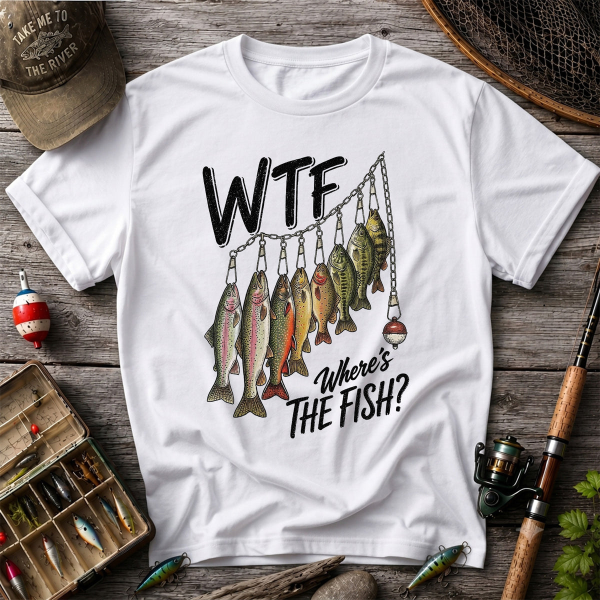WTF Where's the Fish Trout and Bass Stringer Funny Fishing T-Shirt