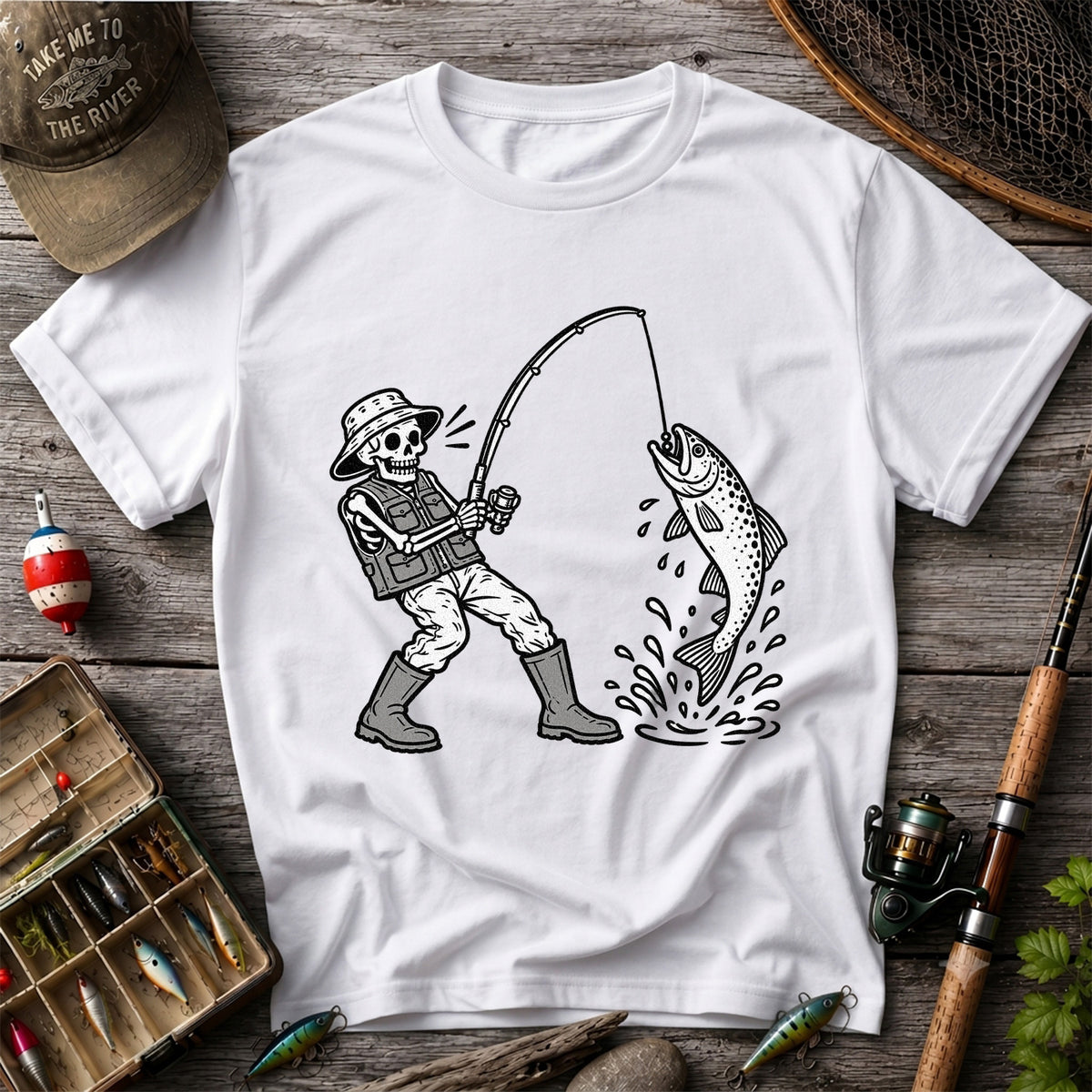 Skeleton Angler Catching a Trout Fishing Graphic T-Shirt