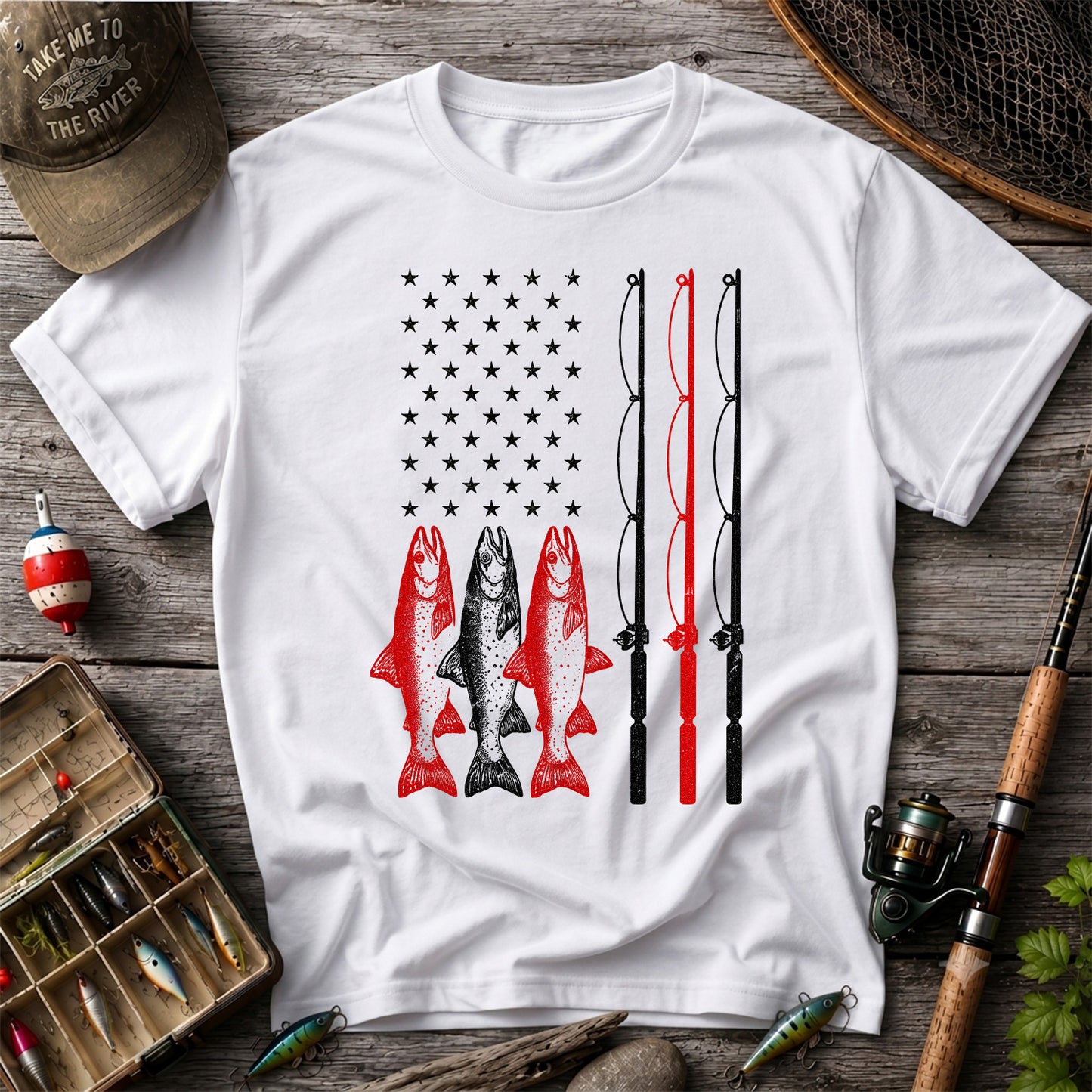 American Flag Trout and Fishing Rods Patriotic T-Shirt