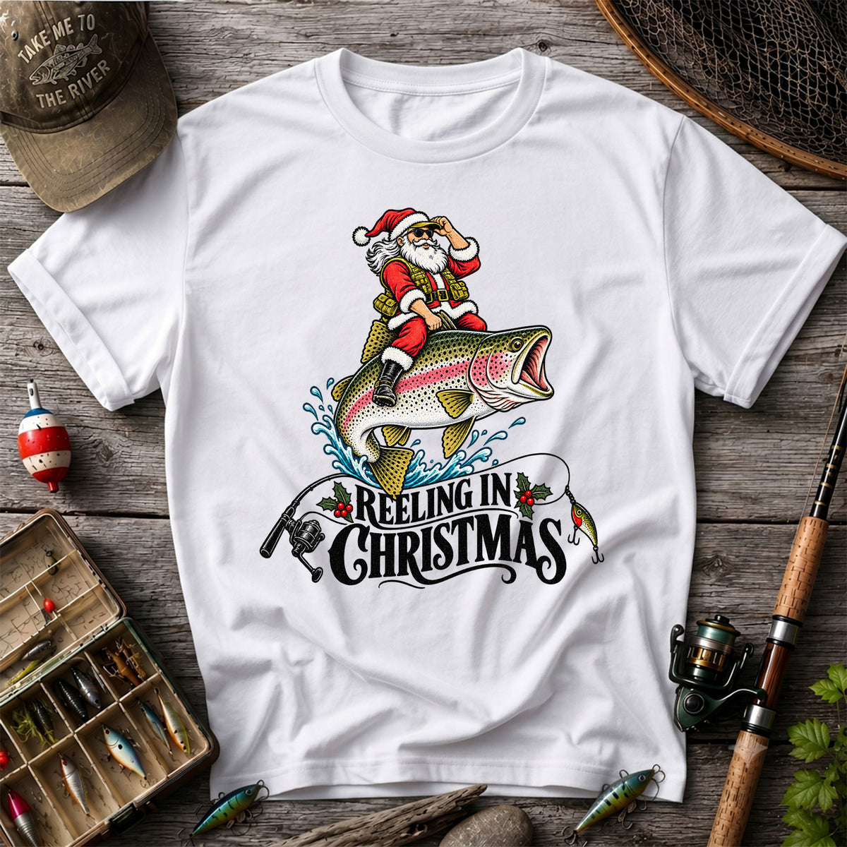 Reeling in Christmas Santa Rainbow Trout Fishing T-Shirt