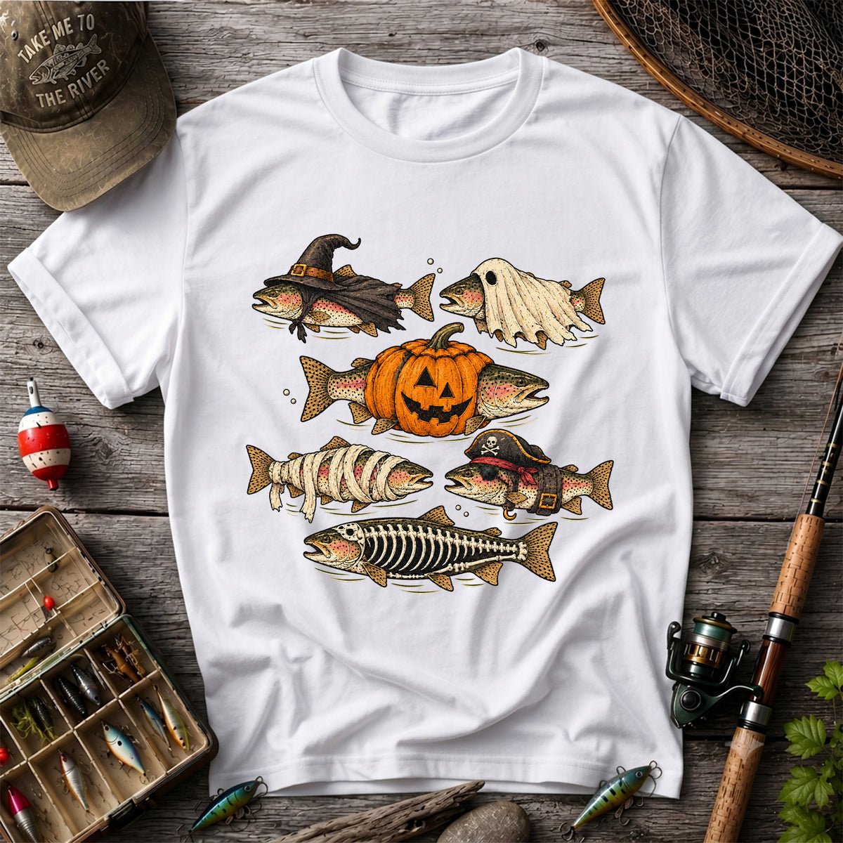 Rainbow Trout Halloween Costumes Witch Ghost Pumpkin Mummy Pirate Skeleton Fishing T-Shirt
