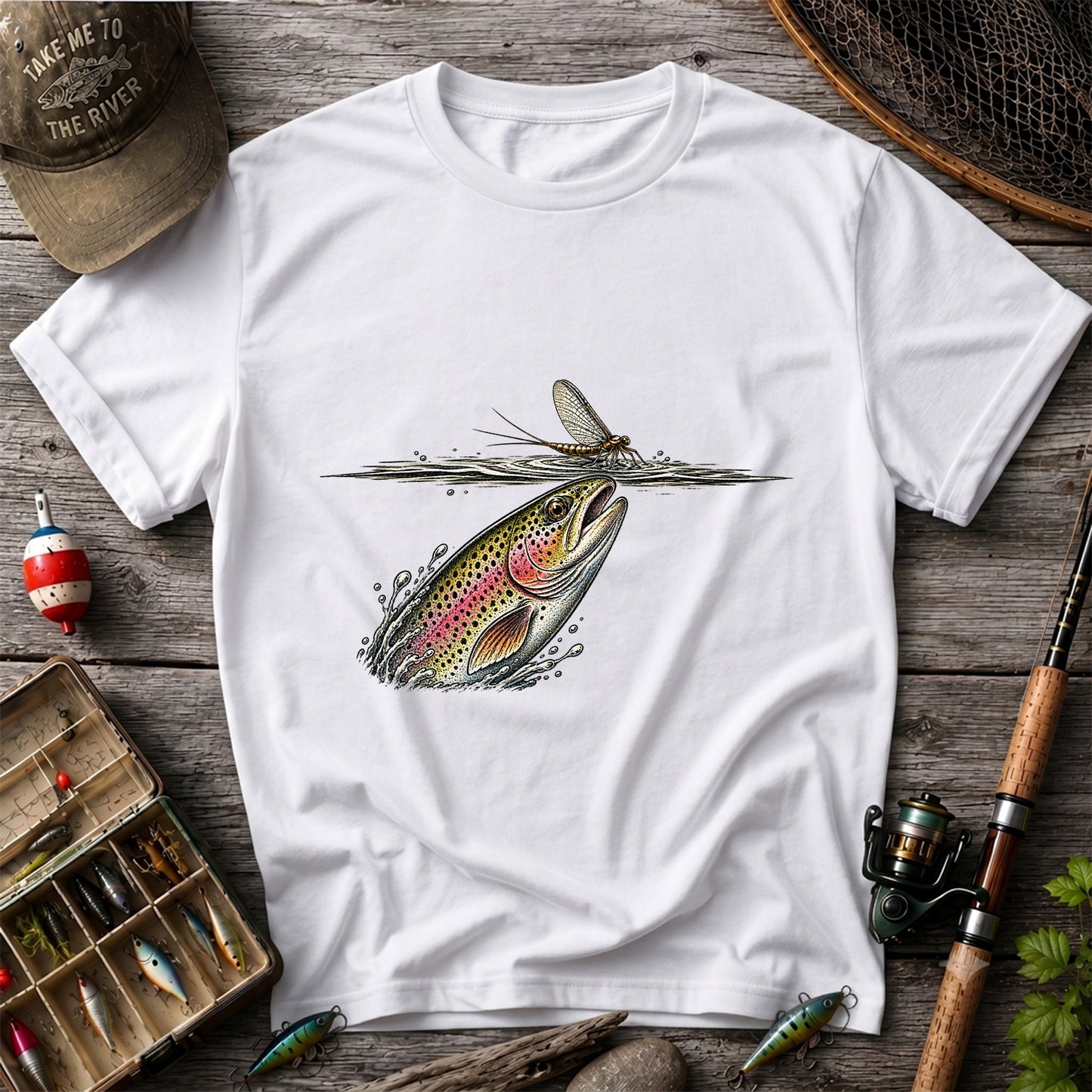 Rainbow Trout Rising to Mayfly Fishing Graphic T-Shirt