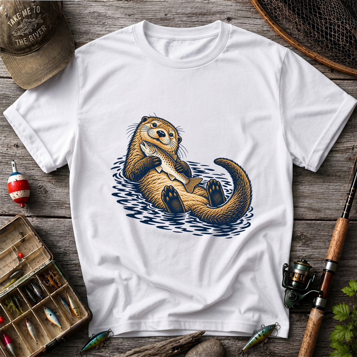 Cute Otter Holding Fish Hand Drawn Fishing Graphic T-Shirt