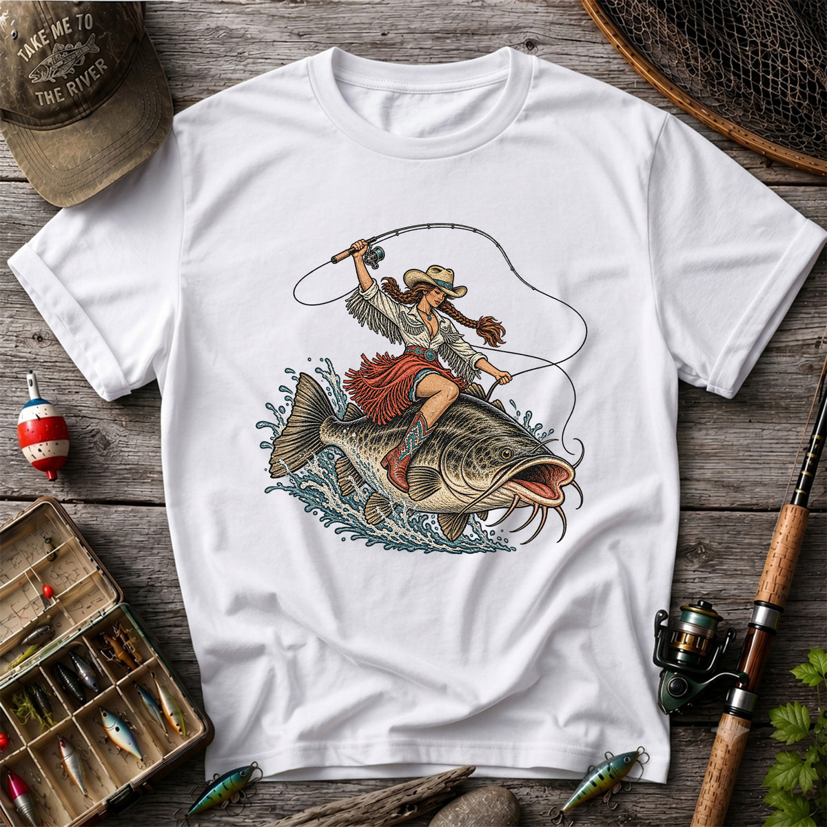 Cowgirl Riding a Largemouth Bass Fishing Graphic T-Shirt