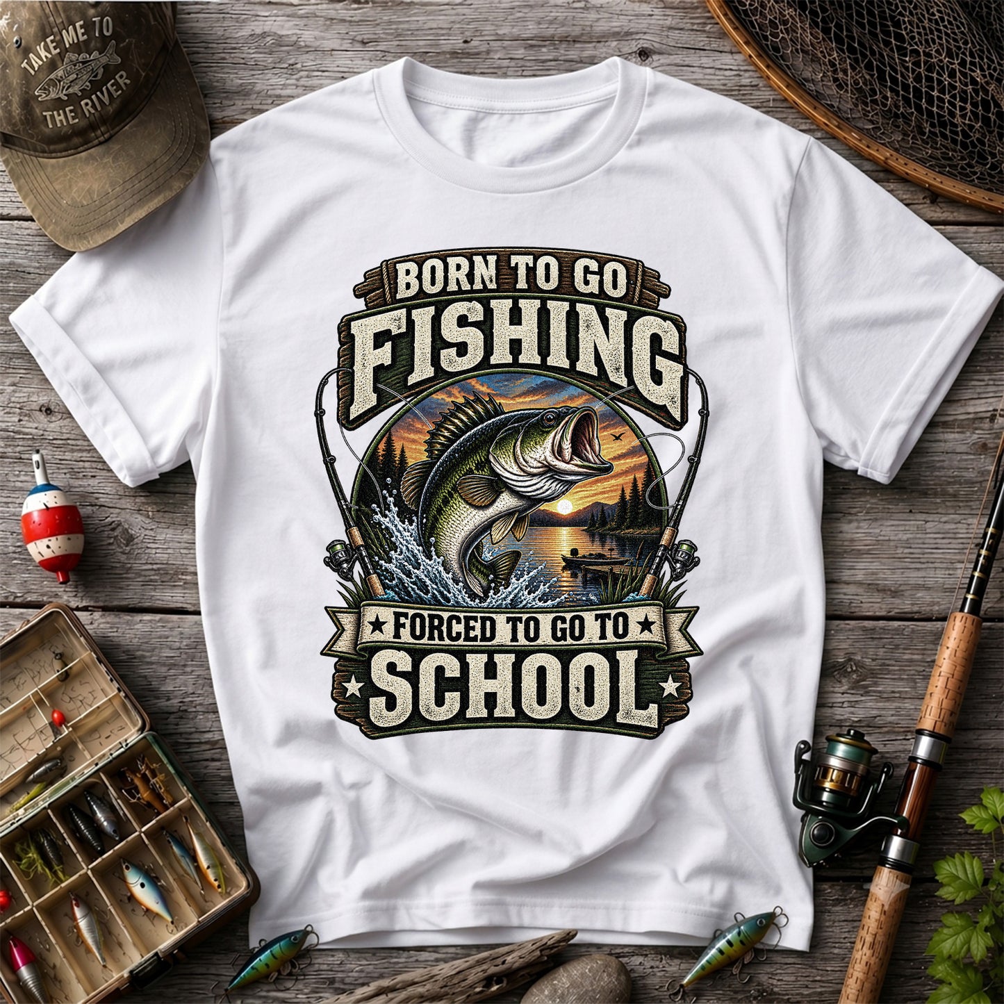 Born to Go Fishing Forced to Go to School Bass Fishing T-Shirt