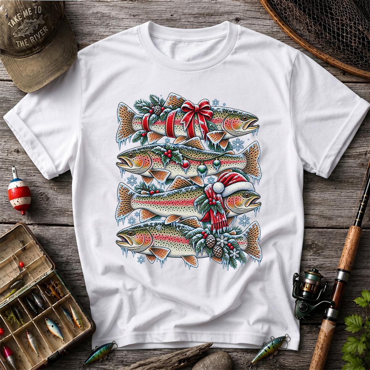 Festive Rainbow Trout Christmas Fishing Graphic T-Shirt