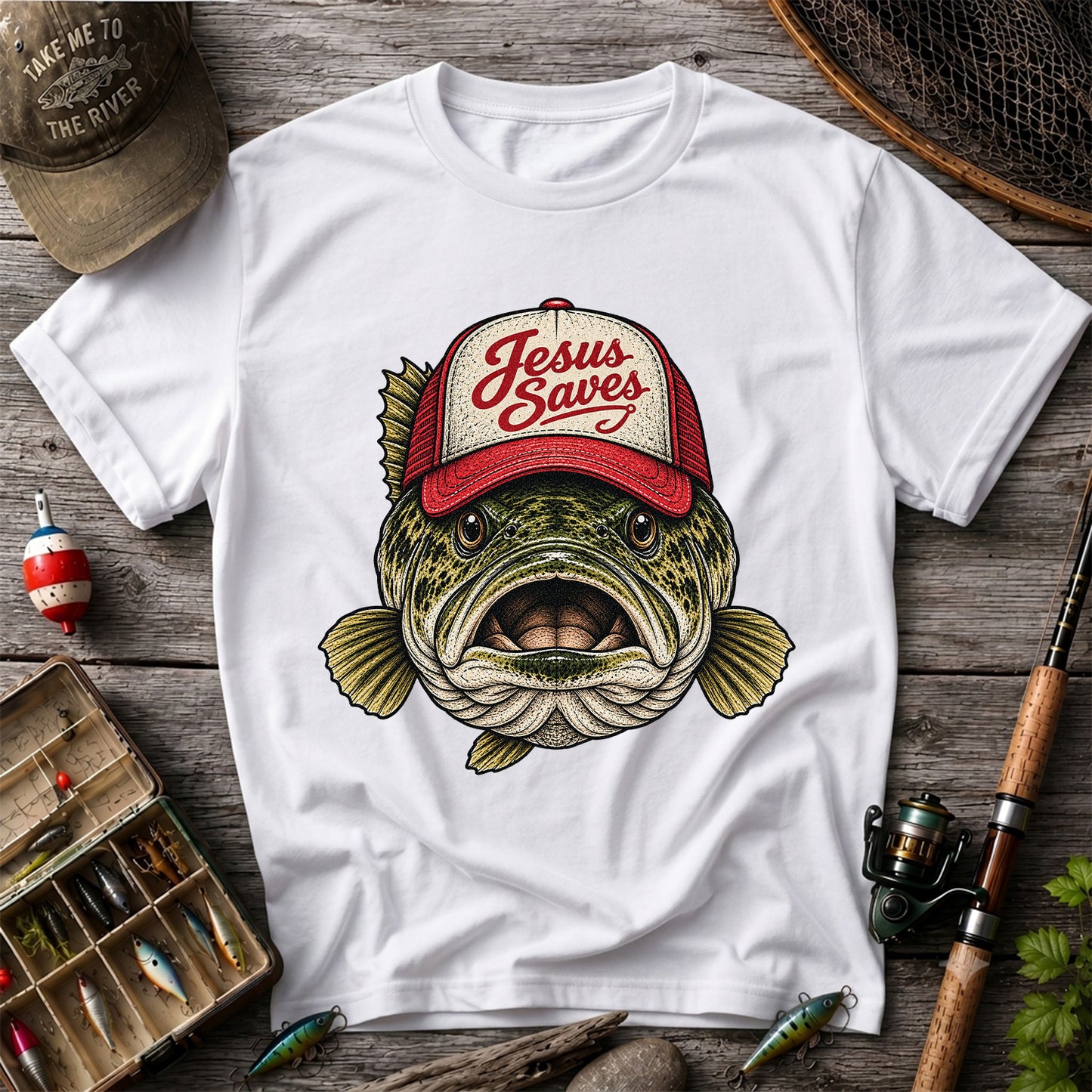 Jesus Saves Largemouth Bass in a Trucker Hat Fishing T-Shirt