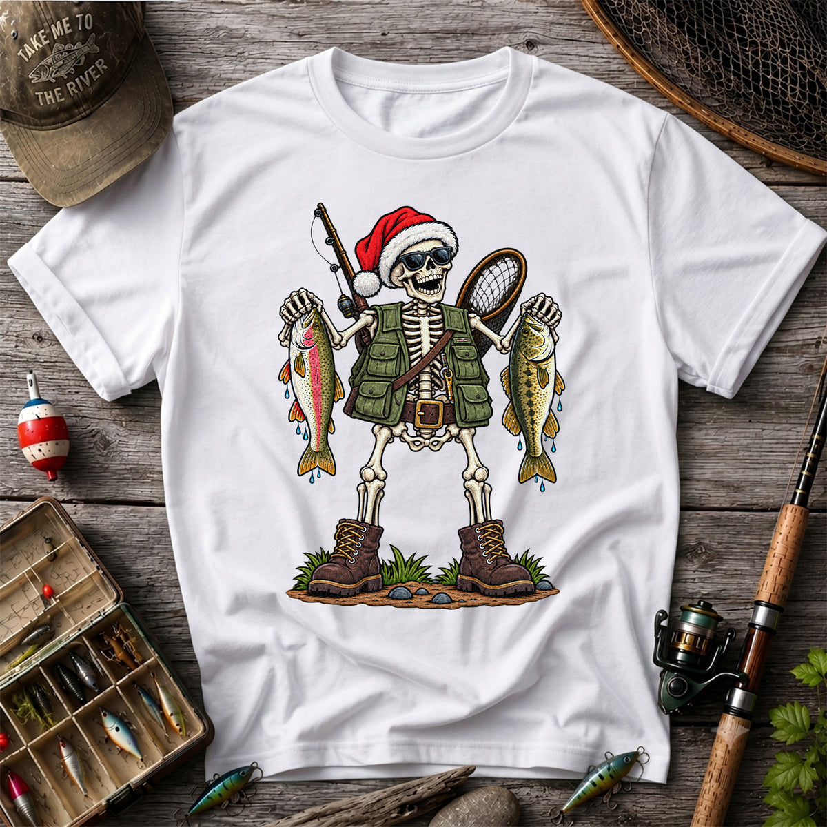Santa Hat Skeleton Holding Trout and Bass Christmas Fishing T-Shirt