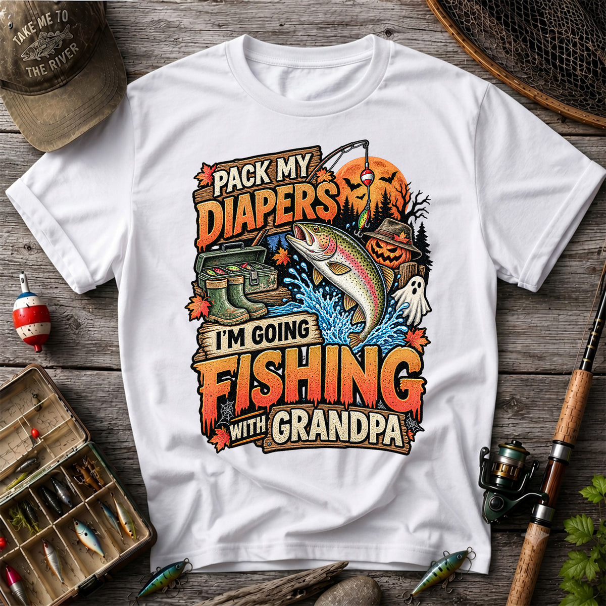 Pack My Diapers I'm Going Fishing With Grandpa Halloween Rainbow Trout T-Shirt