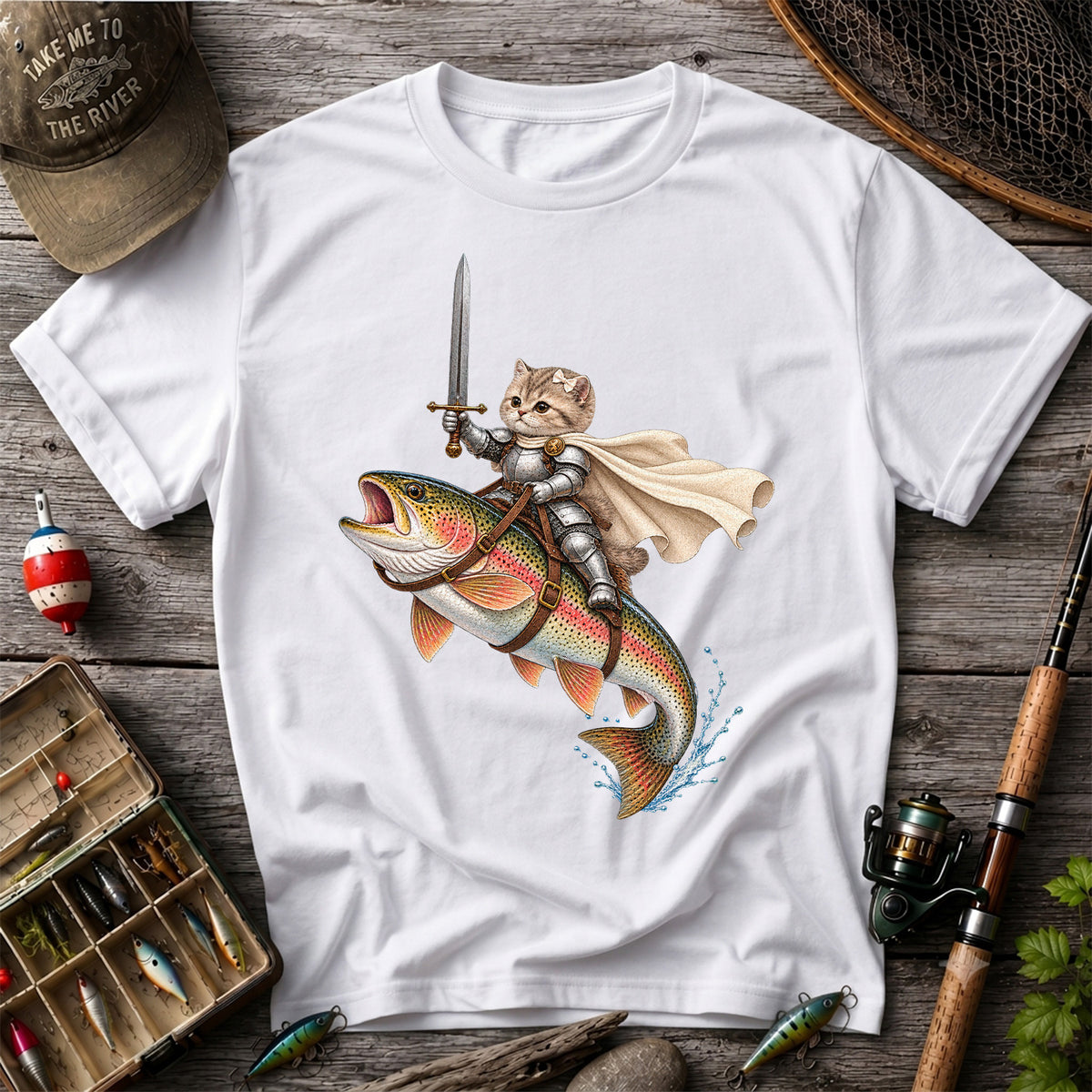 Cat Knight Riding a Rainbow Trout Fishing Graphic T-Shirt