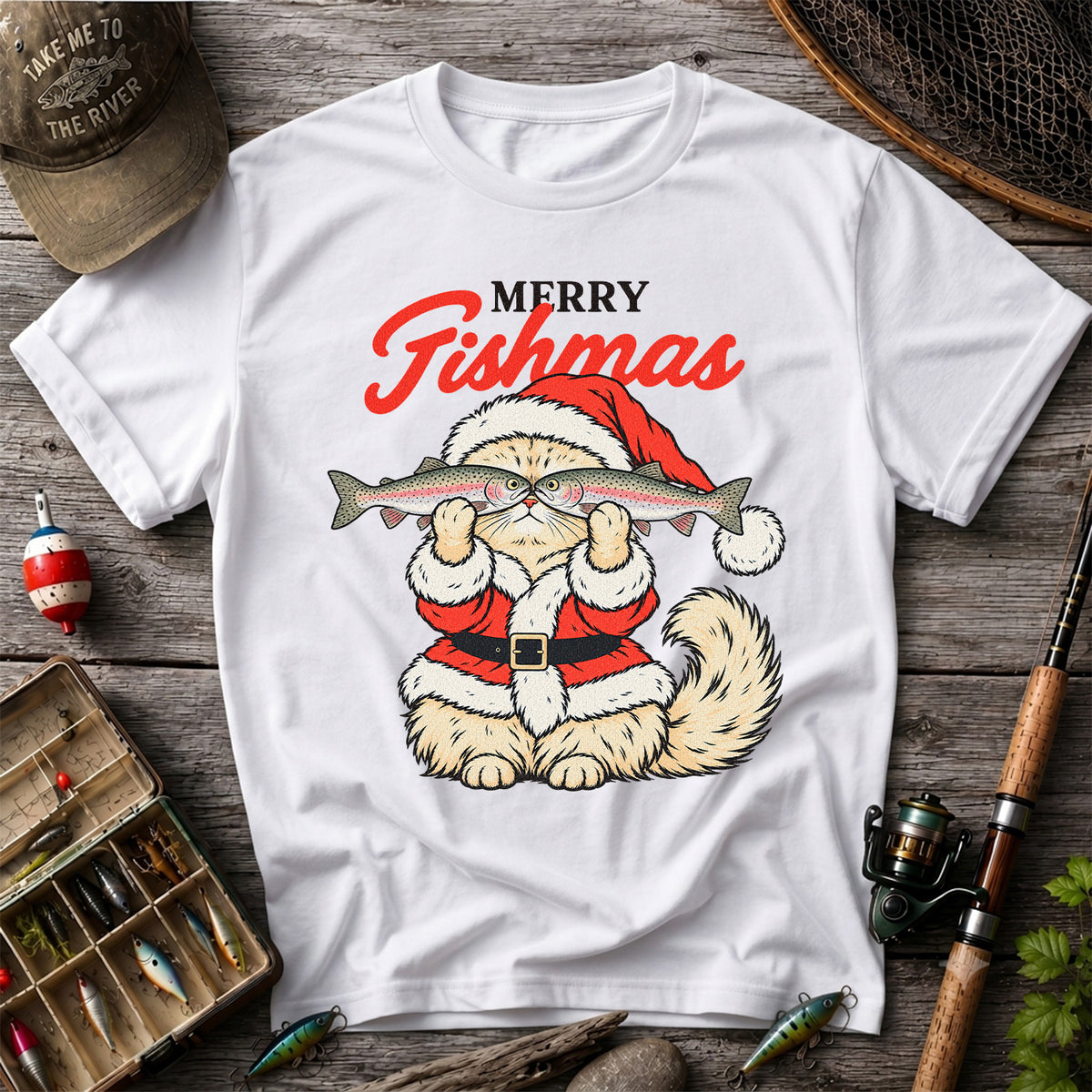 Santa Cat Holding Trout Merry Christmas Fishing T-Shirt