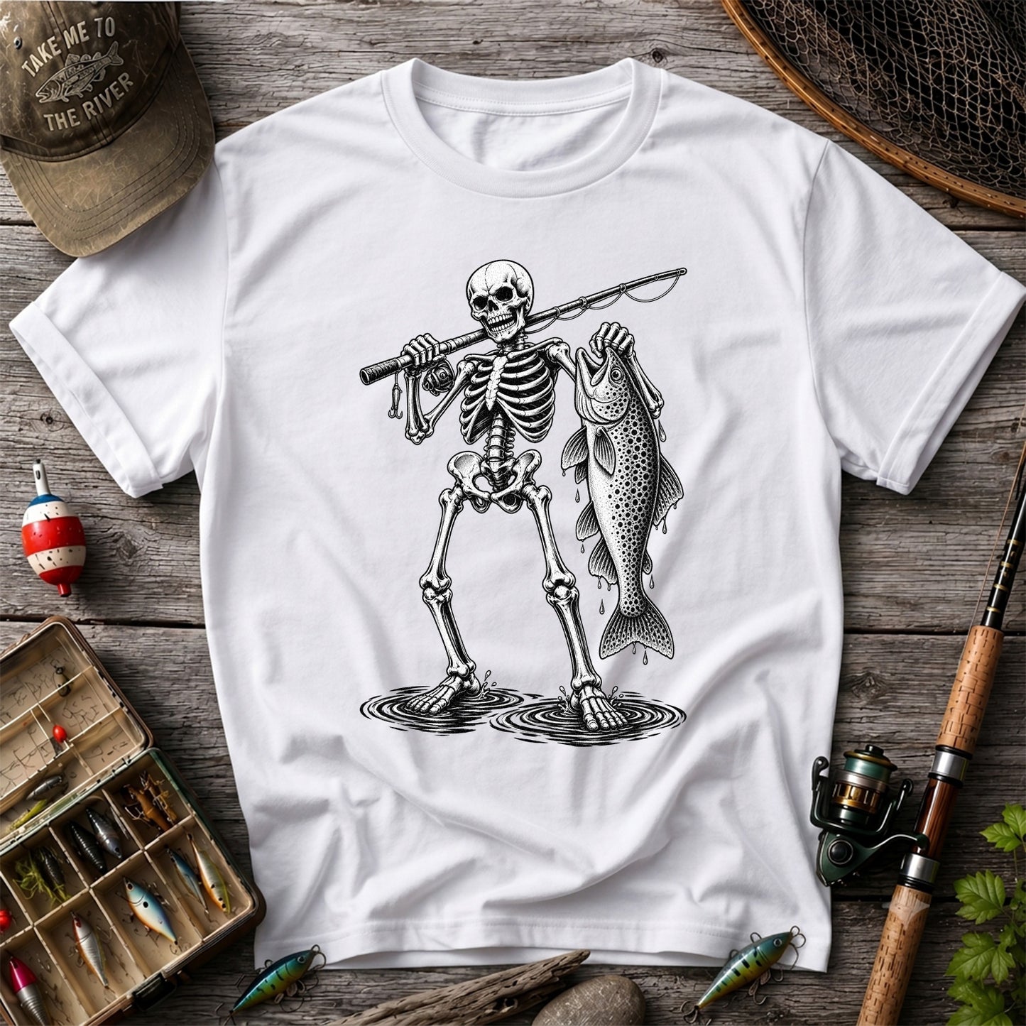 Skeleton Angler Holding a Trout Fishing Graphic T-Shirt