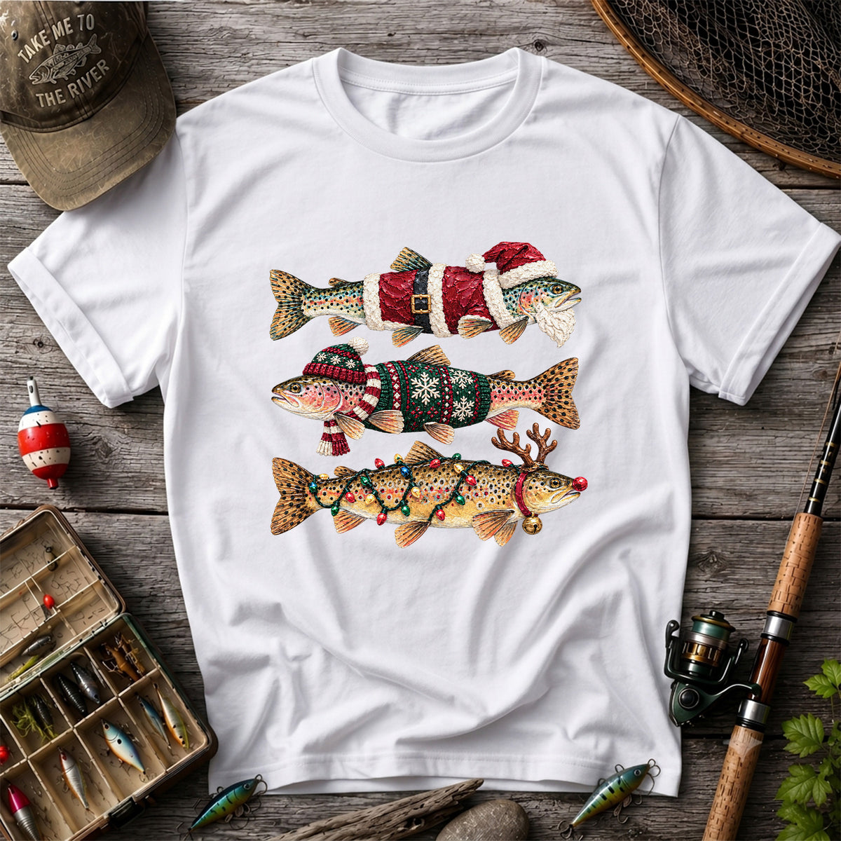 Christmas Trout Fishing Graphic T-Shirt with Festive Fish Artwork