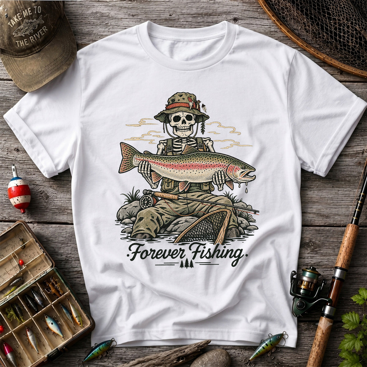 Forever Fishing Skeleton Holding Rainbow Trout Graphic T-Shirt