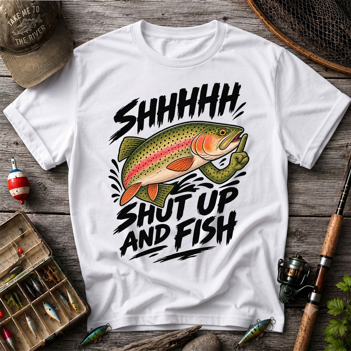 Shhhhh Shut Up and Fish Funny Rainbow Trout Fishing T-Shirt