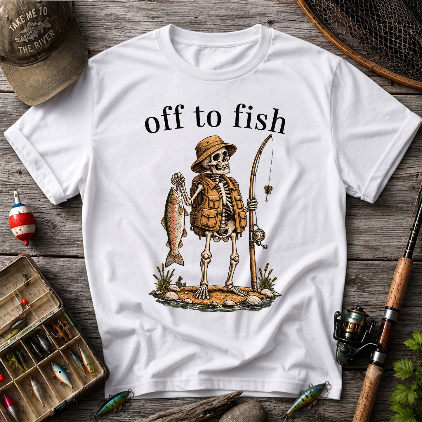 Off to Fish Skeleton Angler Funny Fishing T-Shirt