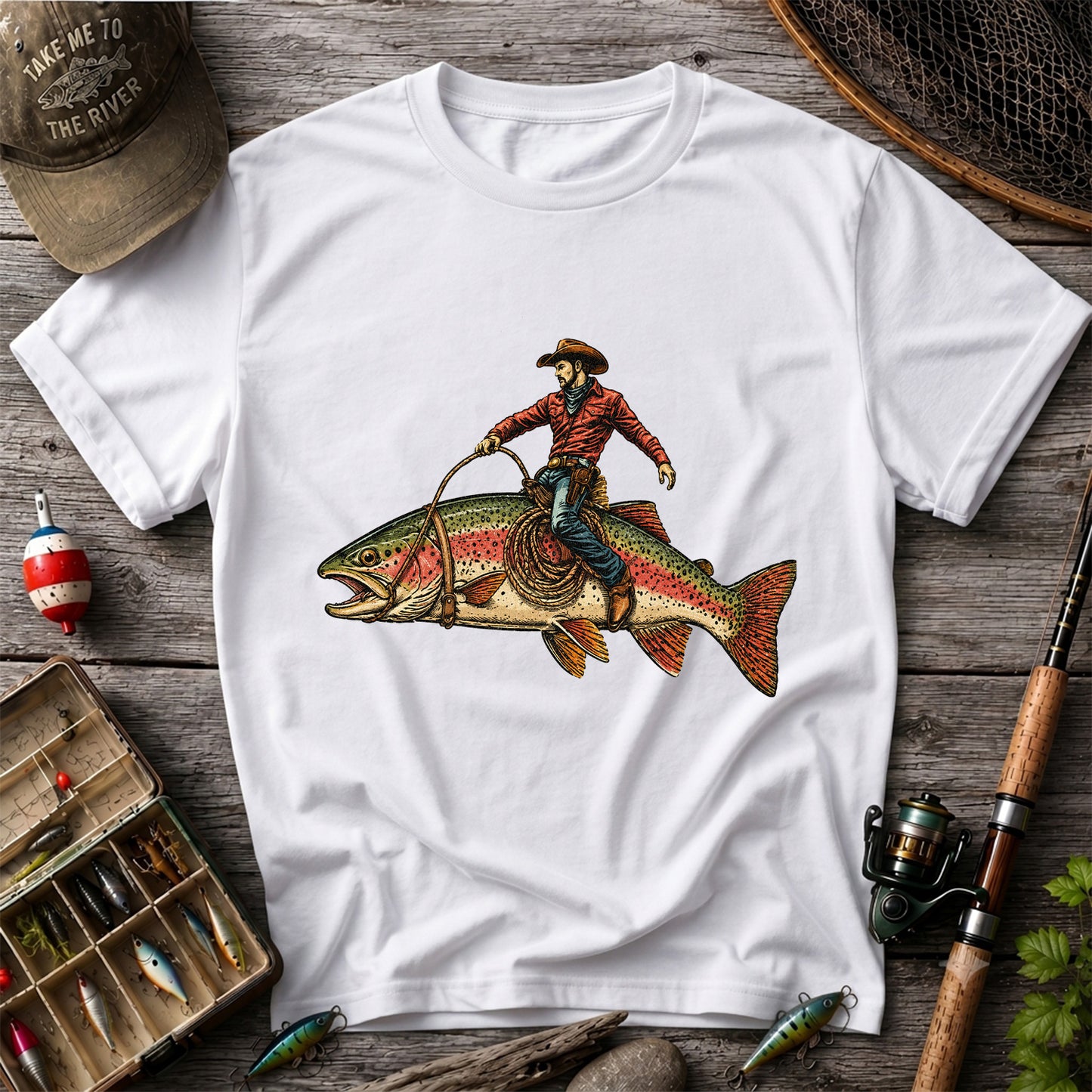 Cowboy Riding Rainbow Trout T-Shirt Vintage Western Fishing Tee