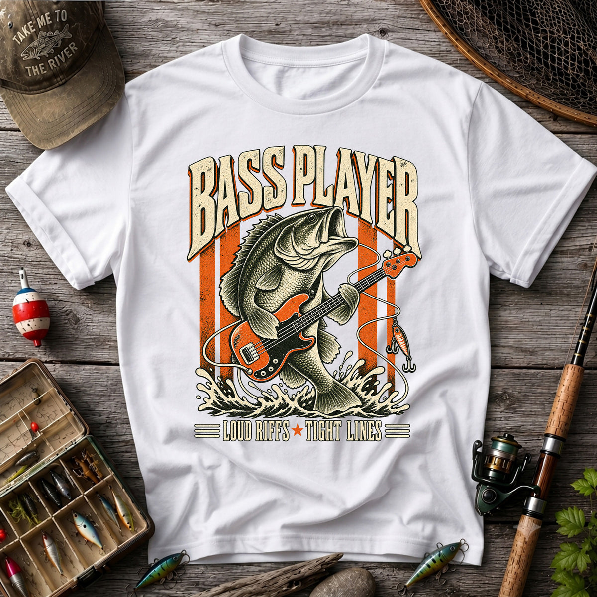 Bass Playing Guitar Vintage Fishing Graphic T-Shirt