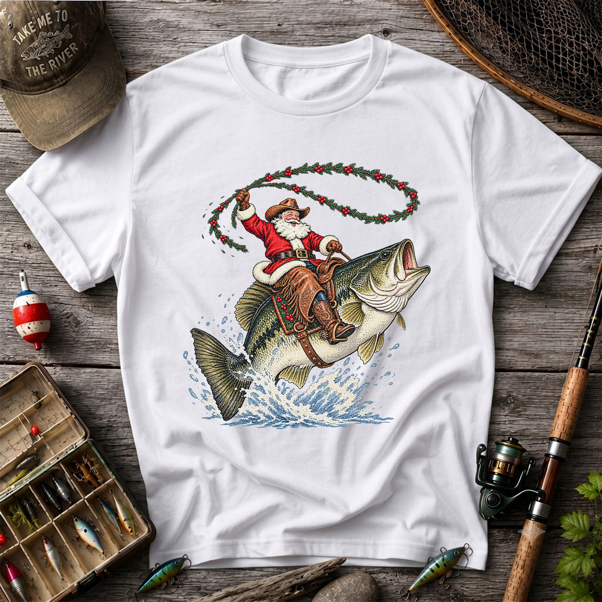 Cowboy Santa Riding a Jumping Bass Christmas Fishing Graphic T-Shirt